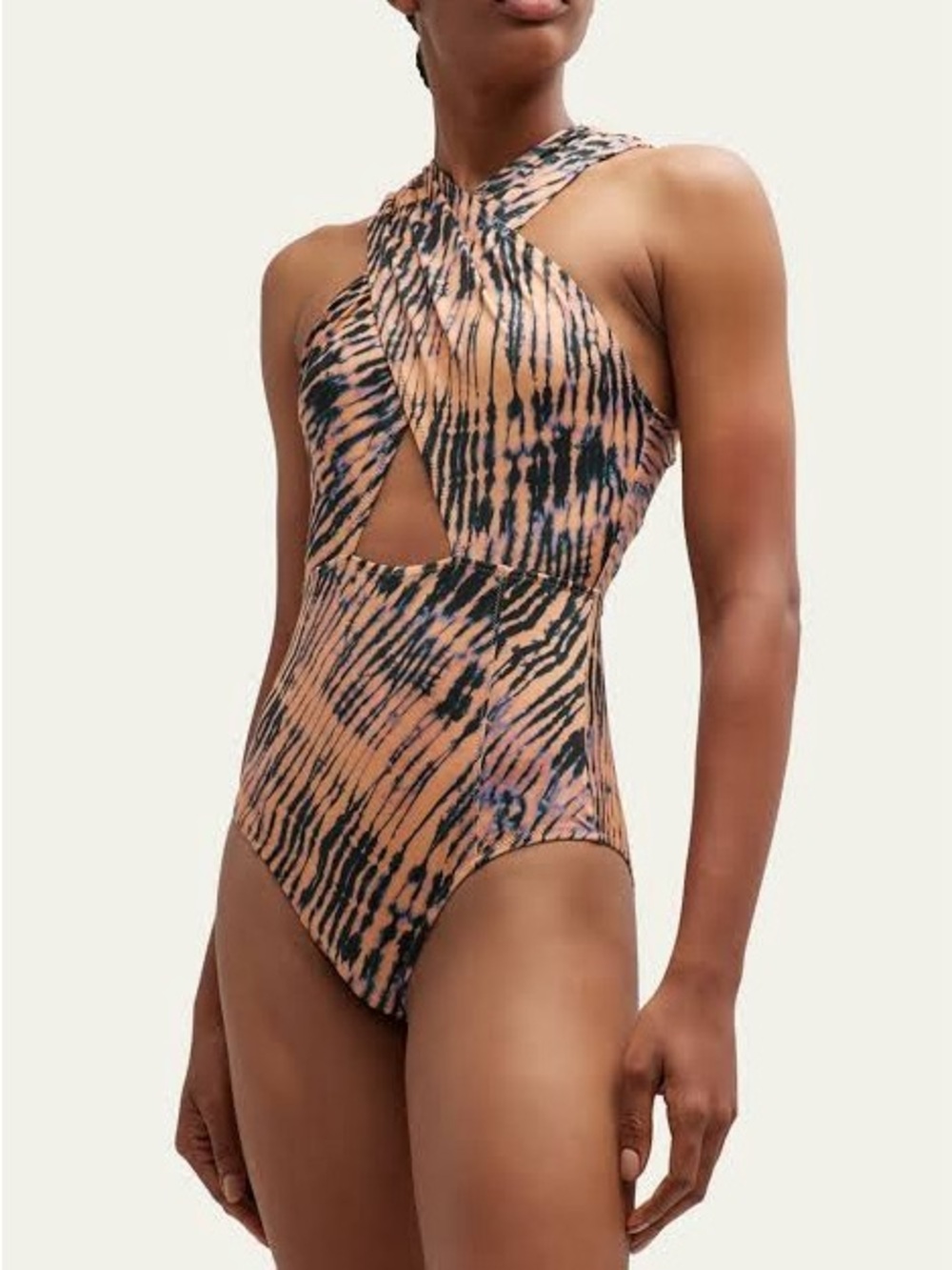 Ulla Johnson Peach and Black Tiger-Stripe One-Piece Swimsuit